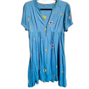 Free People women blue  yellow berries  A-line short sleeve dress size 0 boho
